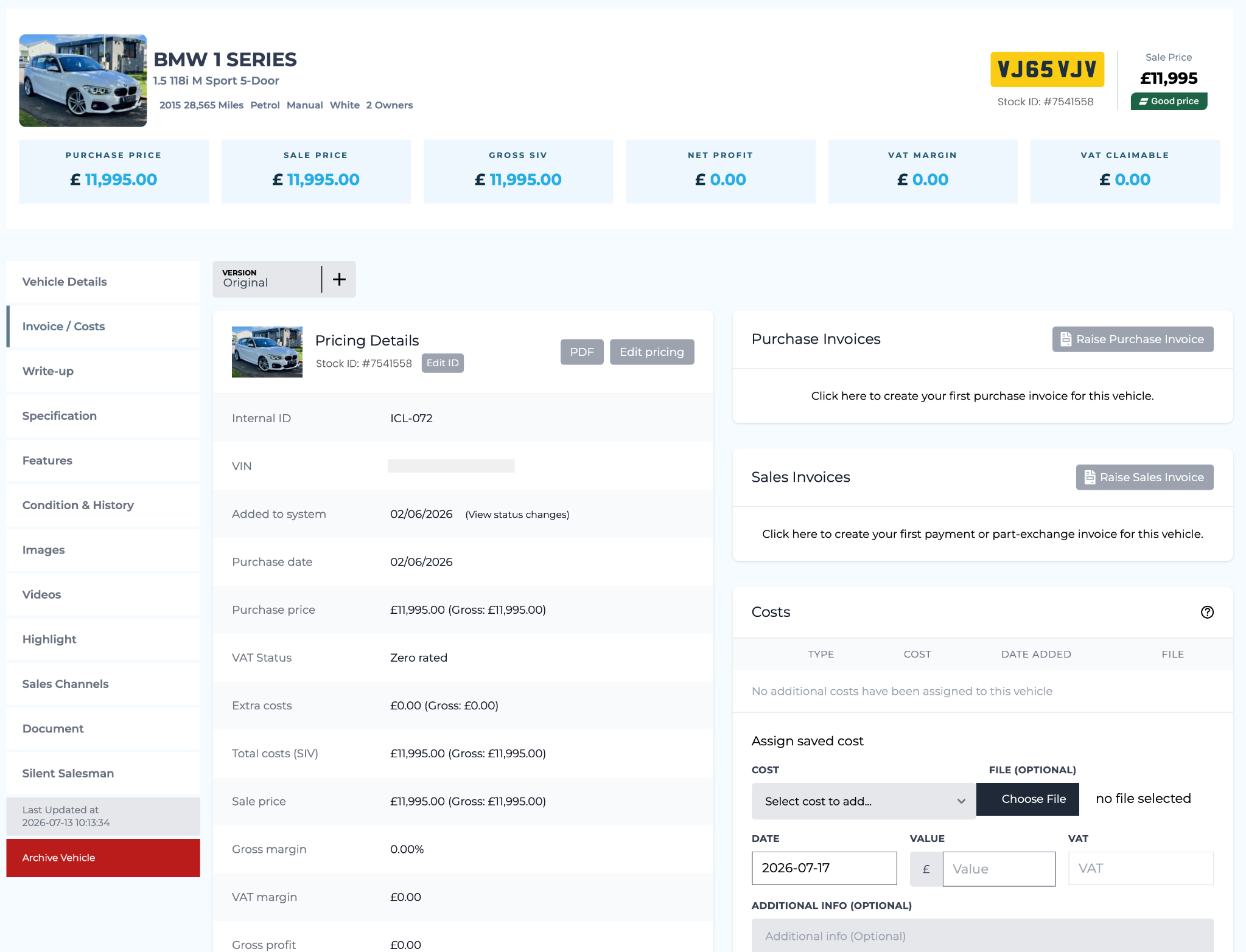 DMS-5 Invoice and Costs vehicle screen